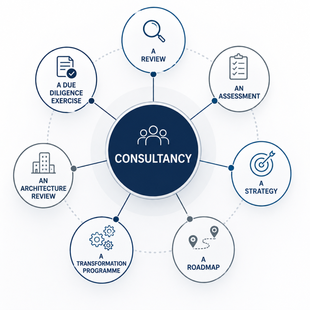 A central circle representing consultancy surrounded by connected circles with each task deliverable.
